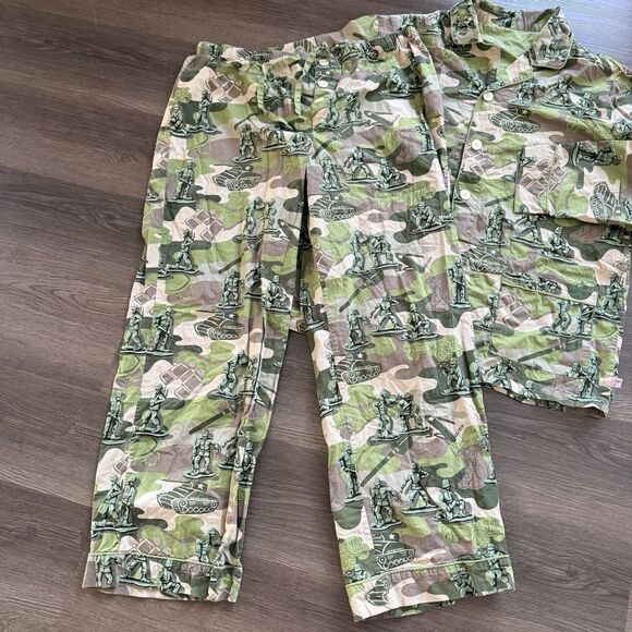 NICK & NORA TOY ARMY CAMO Woven Cotton PJ PAJAMA SET TOP PANTS RARE LARGE - Picture 6 of 10